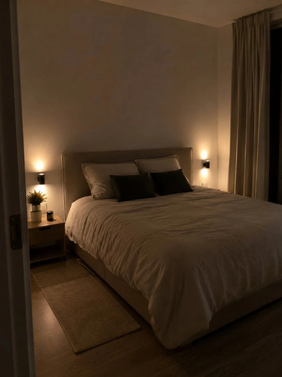 Dormitorio acogedor con dos luces DewBo a cada lado del cabecero